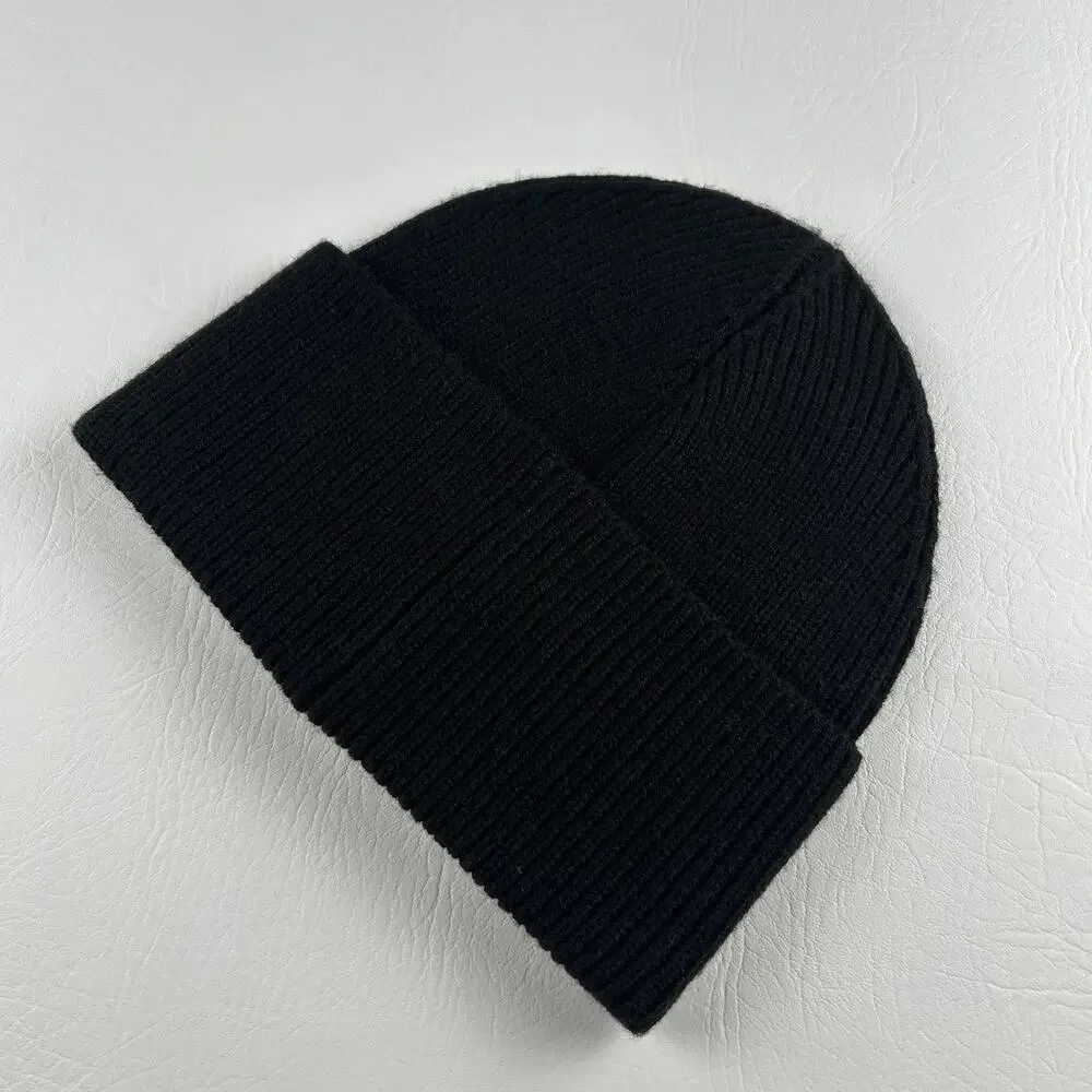 Kurt Geiger London Black Ribbed Knit Beanie Multicolor Logo Patch Cuffed Hat